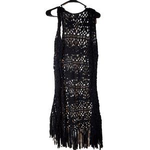 Forever 21 Vest Crochet Small Black Fringed Open Weave Boho Peasant